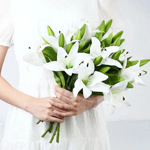 5Pcs 38cm White Lily Artificial Flowers Wedding Bridal Bouquet Real Touch-Bouquet-My Online Wedding Store