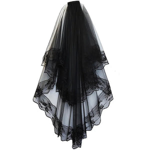 Black White Lace Bridal Veils with Comb Short Two Layer-Bridal Accessories-My Online Wedding Store