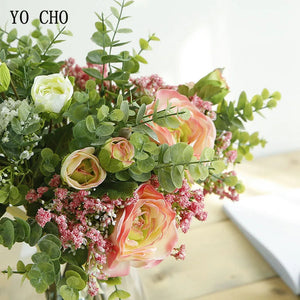 Bride Wedding Bouquet Artificial Silk Lotus Rose Flower Eucalyptus-Bouquet-My Online Wedding Store