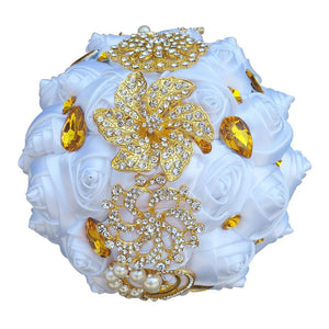 Gold Brooch Diamond Bridal Wedding Bouquets Bridal Crystal Silk Flowers Bridal Bouquets de noiva Factory Custom W227Q-Bouquet-My Online Wedding Store