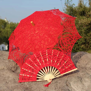 Handmade Vintage Decoration Wedding Bridal Lace Parasol and Fan Set-Umbrella-My Online Wedding Store