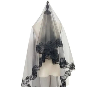 One-Layer Women Girl Black Veil Embroidery Floral Lace-Bridal Accessories-My Online Wedding Store