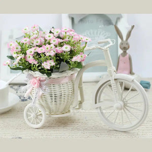 Rattan Bike Vase with Silk Flowers Rose Daisy-Floral Arrangements-My Online Wedding Store