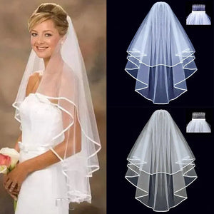 Simple Tulle Two Layers Bridal Veil Ribbon Edge with Comb-Bridal Accessories-My Online Wedding Store