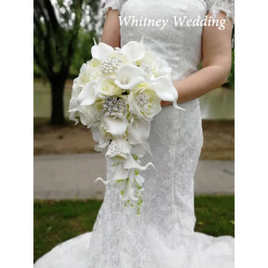 Waterfall Ivory Cascading Flowers Calla Bridal Bouquets Artificial Pearls Crystal-Bouquet-My Online Wedding Store