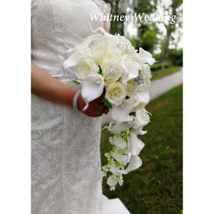 Waterfall Ivory Cascading Flowers Calla Bridal Bouquets Artificial Pearls Crystal-Bouquet-My Online Wedding Store