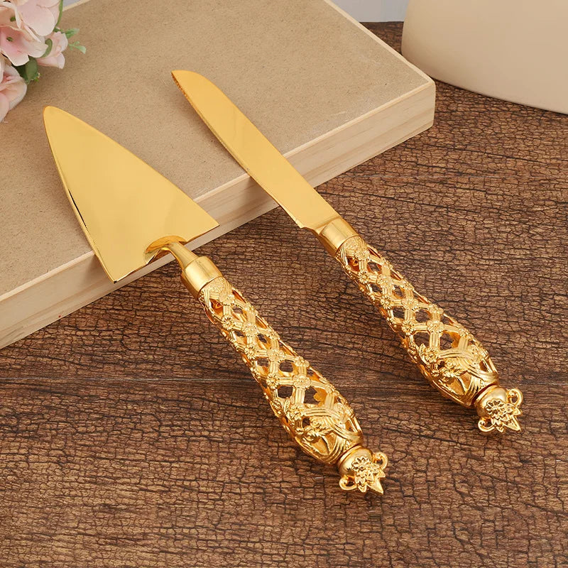 Heart Shape Handle Cake Cutter Gold Cake Server Set  