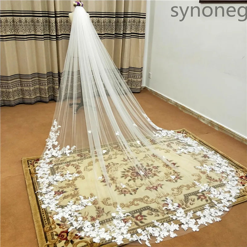 One Layer Wedding Veil With Comb White Lace Edge Cathedral  