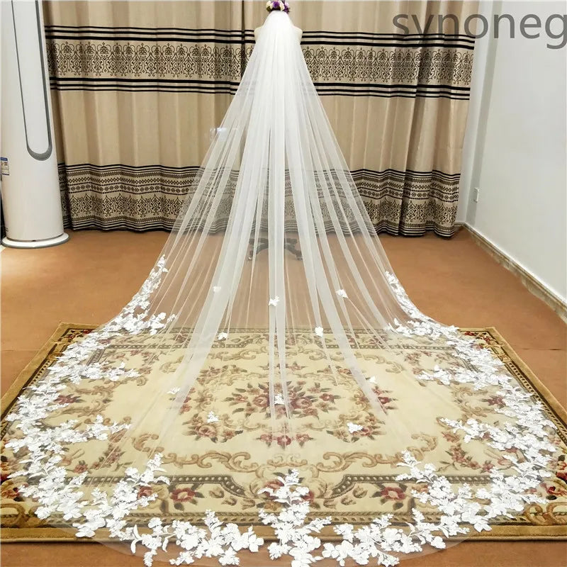 One Layer Wedding Veil With Comb White Lace Edge Cathedral  