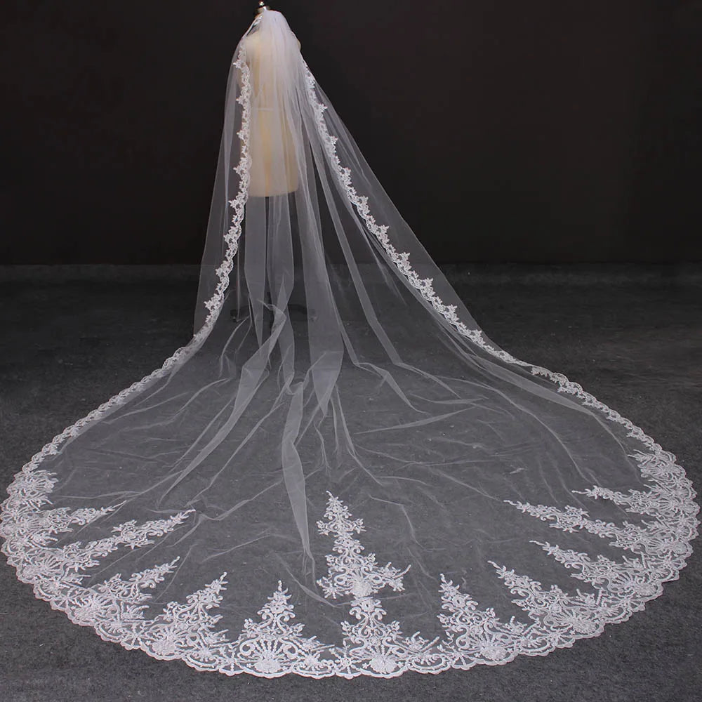 4 Meters Long Full Edge Lace Wedding Veil One Layer  