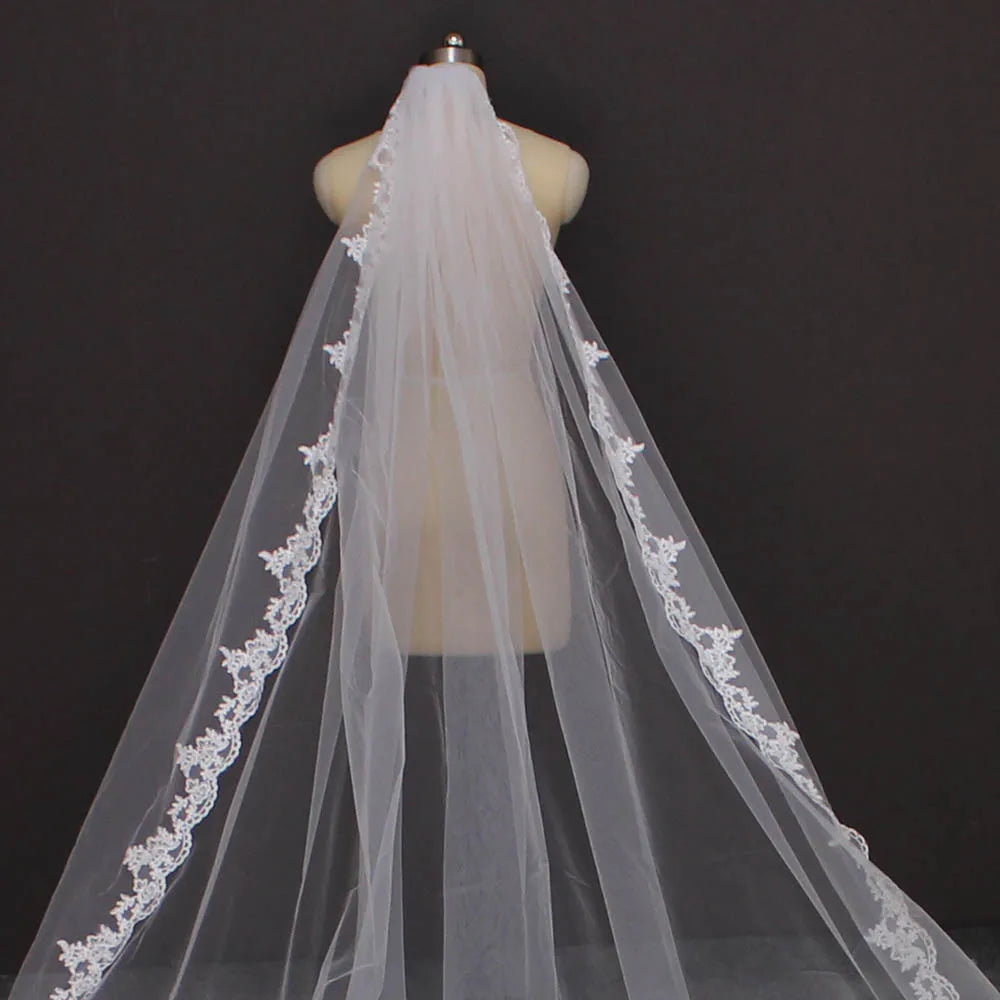 4 Meters Long Full Edge Lace Wedding Veil One Layer  