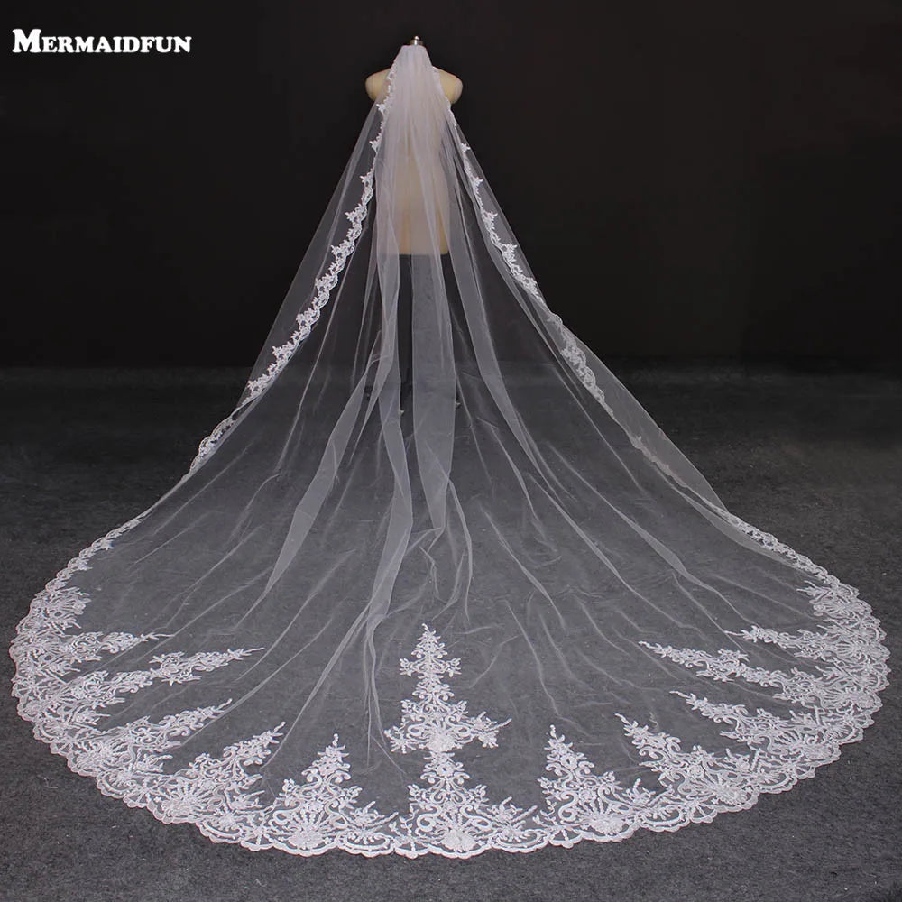 4 Meters Long Full Edge Lace Wedding Veil One Layer  