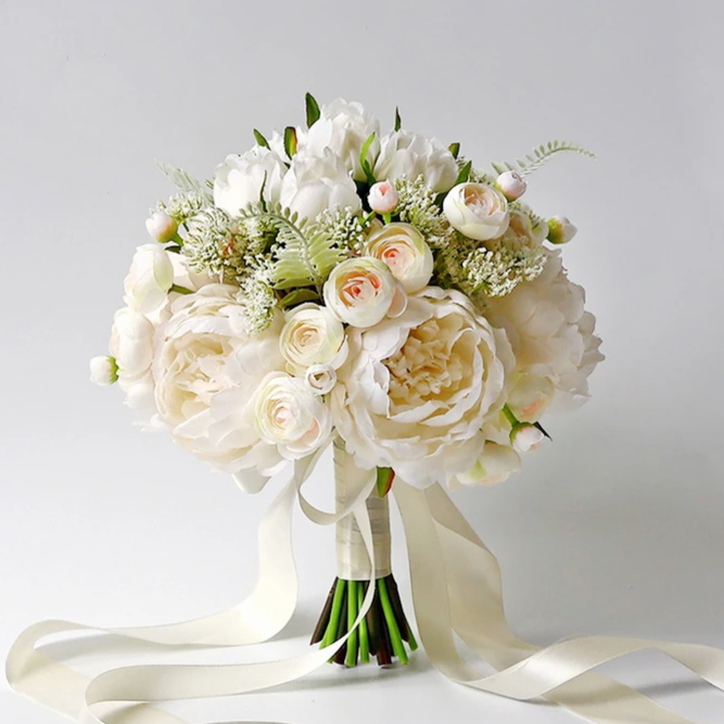 White and Ivory Bride Flowers Artificial Rose Bouquet Silk Peonies  