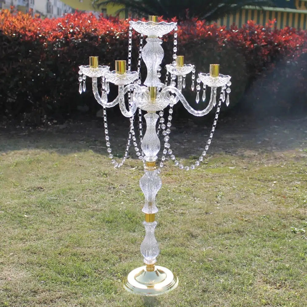 90 cm Height Acrylic 5-arms Metal Candelabras With Crystal Pendants  