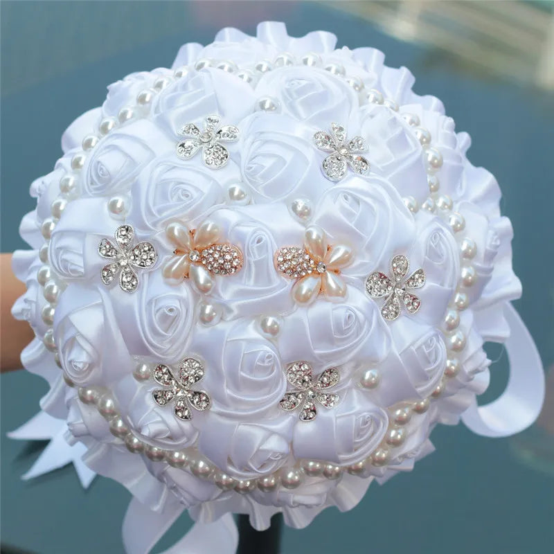 Artificial Brooch Bouquet Ribbon Rhinestone Pearl Bouquet  