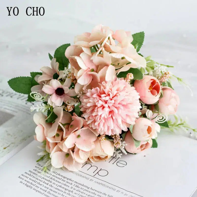 Artificial Silk Rose Peony Flower Bride Bouquet Pink Hydrangea  