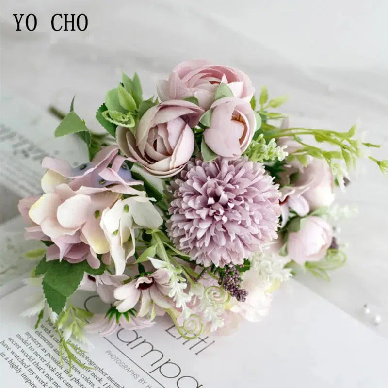 Artificial Silk Rose Peony Flower Bride Bouquet Pink Hydrangea  