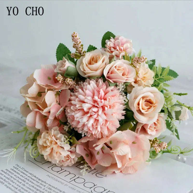 Artificial Silk Rose Peony Flower Bride Bouquet Pink Hydrangea  