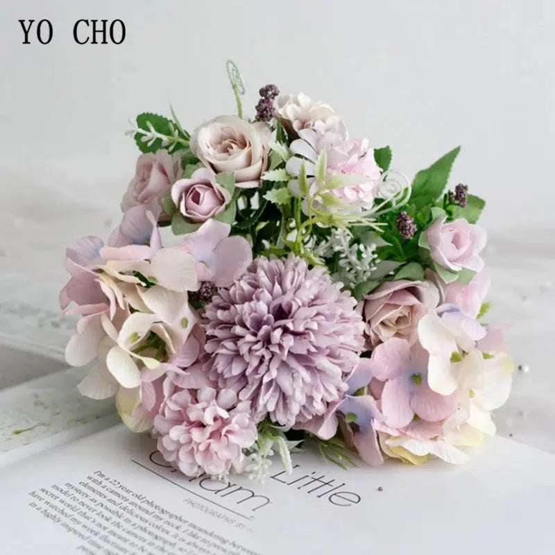 Artificial Silk Rose Peony Flower Bride Bouquet Pink Hydrangea  