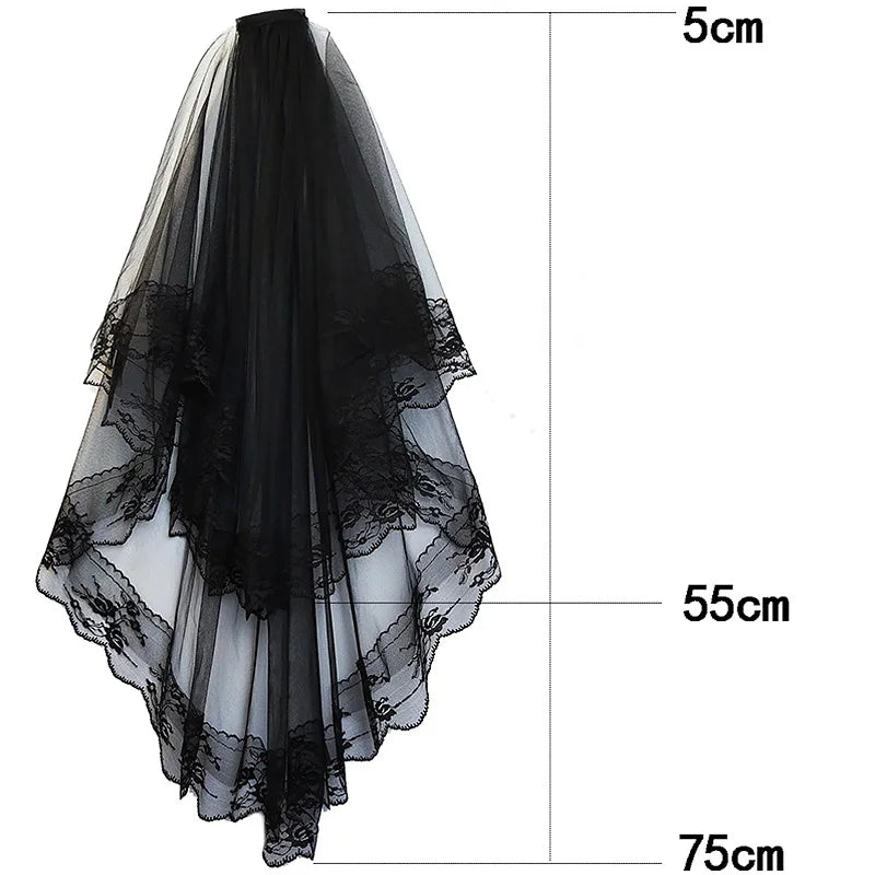 Black White Lace Bridal Veils with Comb Short Two Layer  