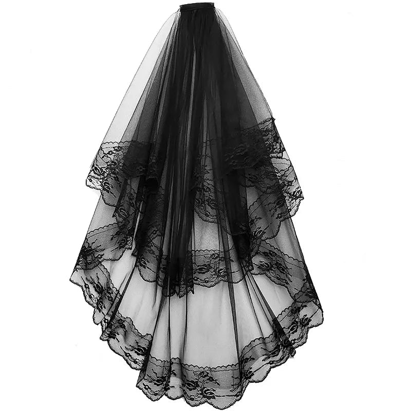 Black White Lace Bridal Veils with Comb Short Two Layer  