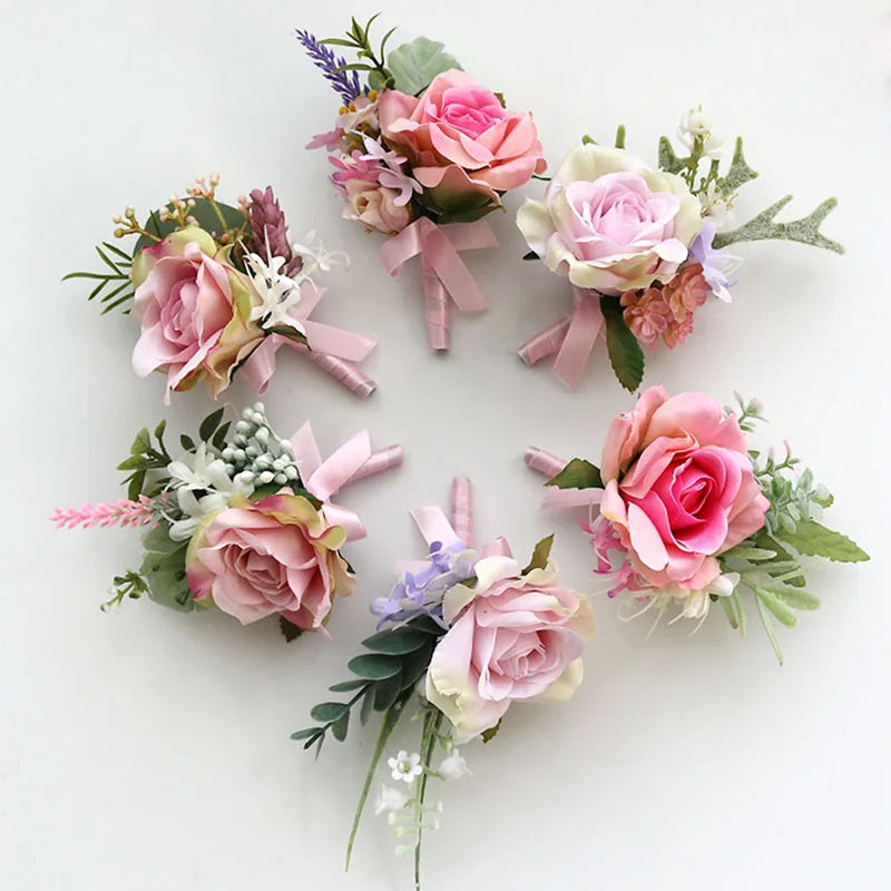 Boutonniere &amp; Corsages Pink Roses Silk Flowers  