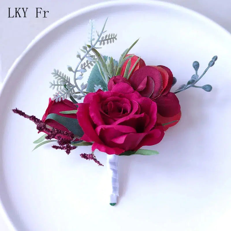 Boutonnieres Flowers Artificial Red Roses Silk Ivory Corsage Buttonhole  