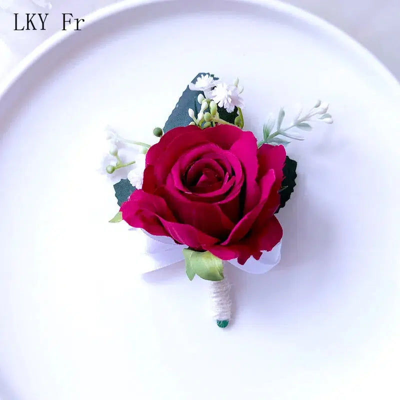 Boutonnieres Flowers Artificial Red Roses Silk Ivory Corsage Buttonhole  