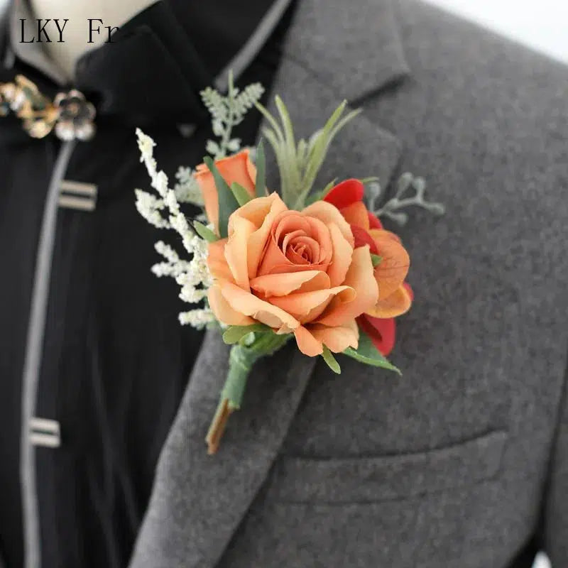 Boutonnieres Flowers Artificial Red Roses Silk Ivory Corsage Buttonhole  