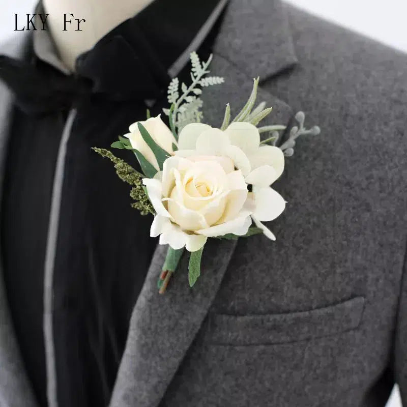 Boutonnieres Flowers Artificial Red Roses Silk Ivory Corsage Buttonhole  