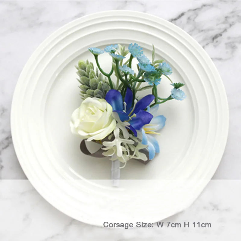 Boutonnieres Men Ribbon White Roses Blue Orchid & Corsages  