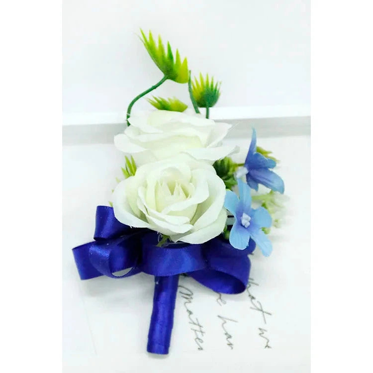 Boutonnieres Men Ribbon White Roses Blue Orchid & Corsages  