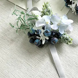 Boutonnieres Men Ribbon White Roses Blue Orchid & Corsages  