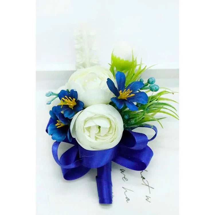 Boutonnieres Men Ribbon White Roses Blue Orchid & Corsages  