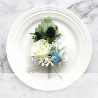 Boutonnieres Men Ribbon White Roses Blue Orchid & Corsages  