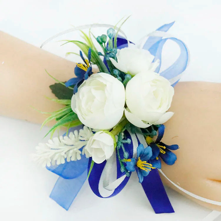 Boutonnieres Men Ribbon White Roses Blue Orchid & Corsages  