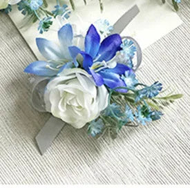 Boutonnieres Men Ribbon White Roses Blue Orchid & Corsages  