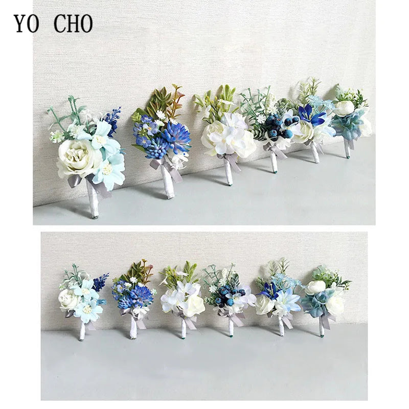 Boutonnieres Men Ribbon White Roses Blue Orchid & Corsages  