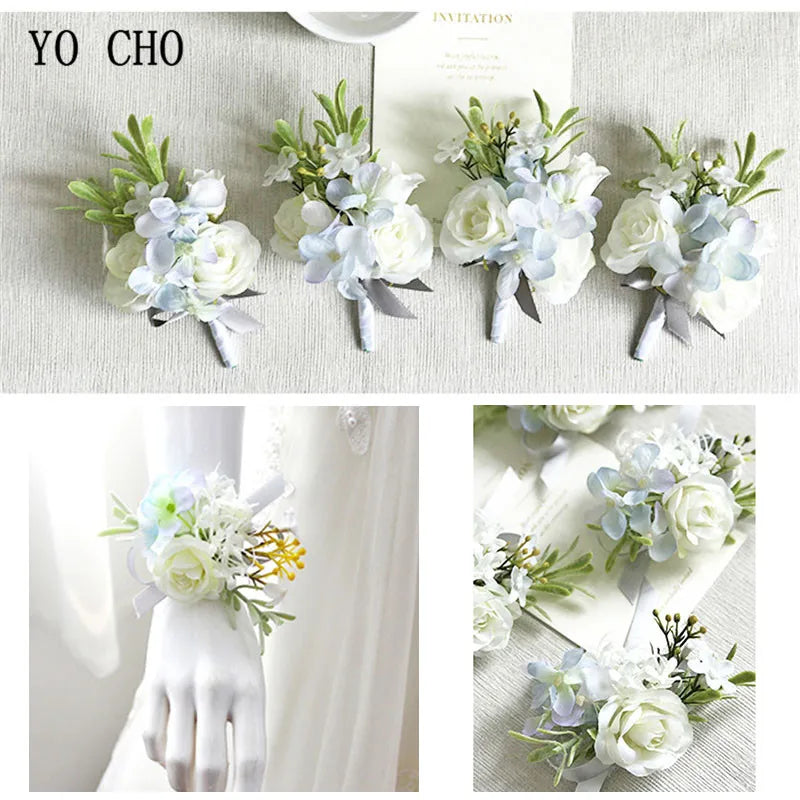 Boutonnieres Men Ribbon White Roses Blue Orchid & Corsages  