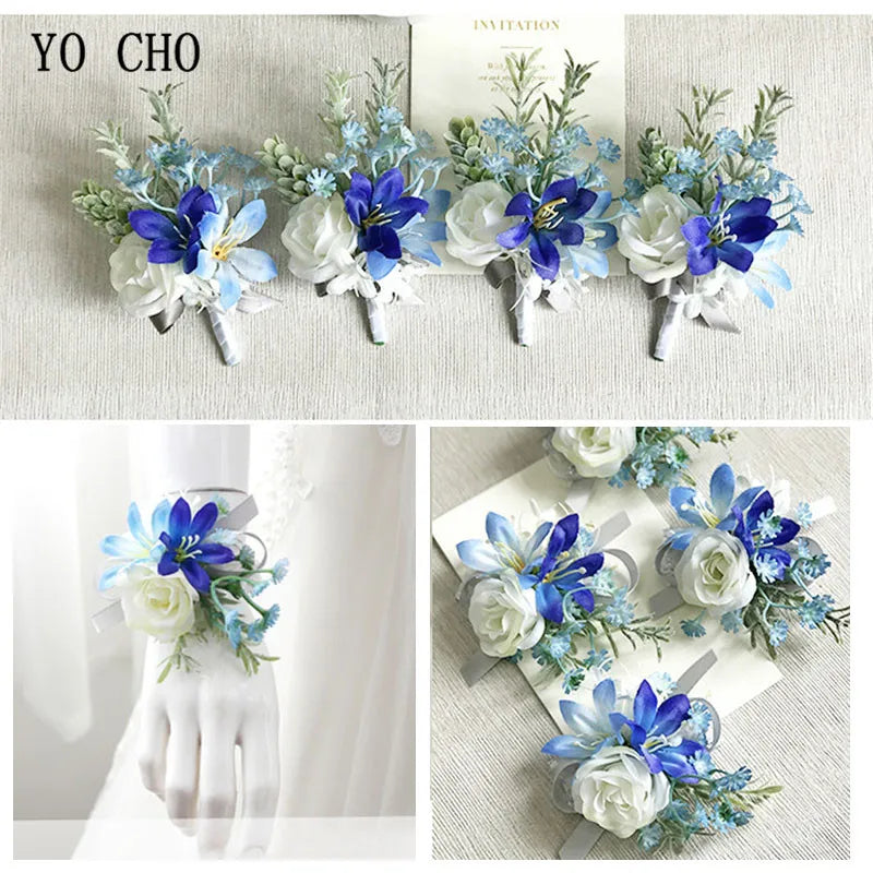 Boutonnieres Men Ribbon White Roses Blue Orchid & Corsages  