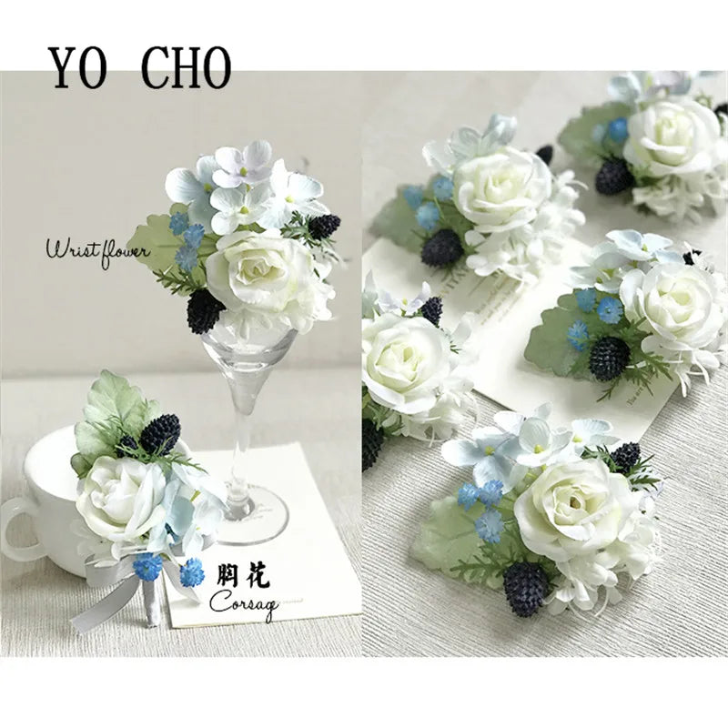 Boutonnieres Men Ribbon White Roses Blue Orchid & Corsages  