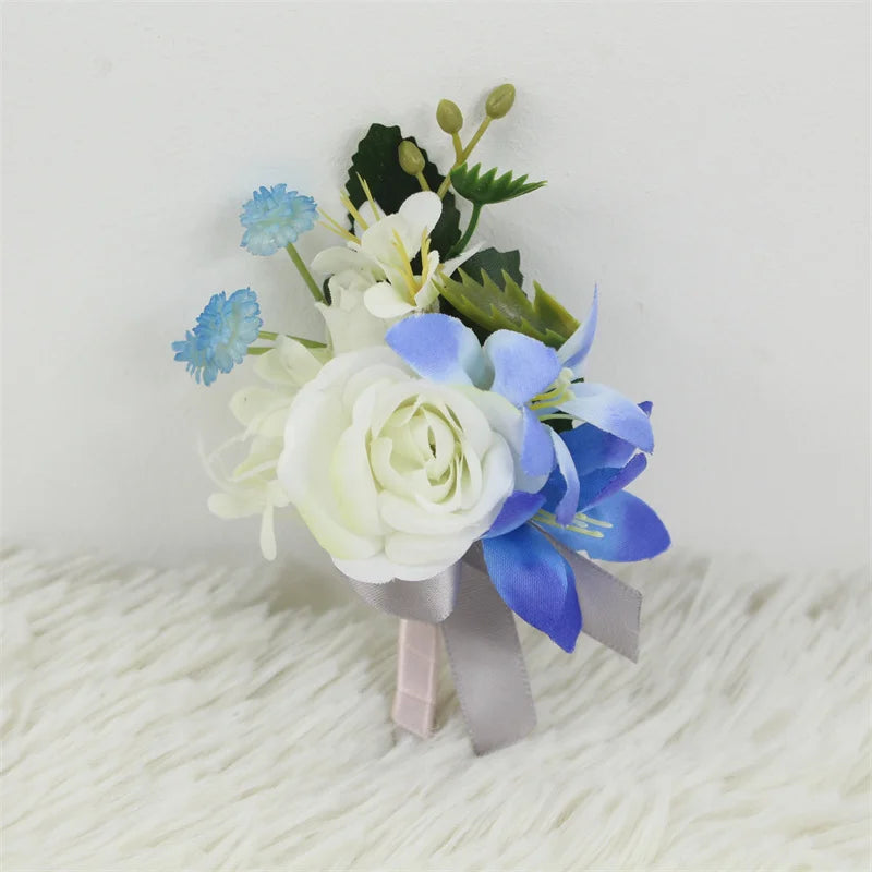 Boutonnieres Men Ribbon White Roses Blue Orchid & Corsages  