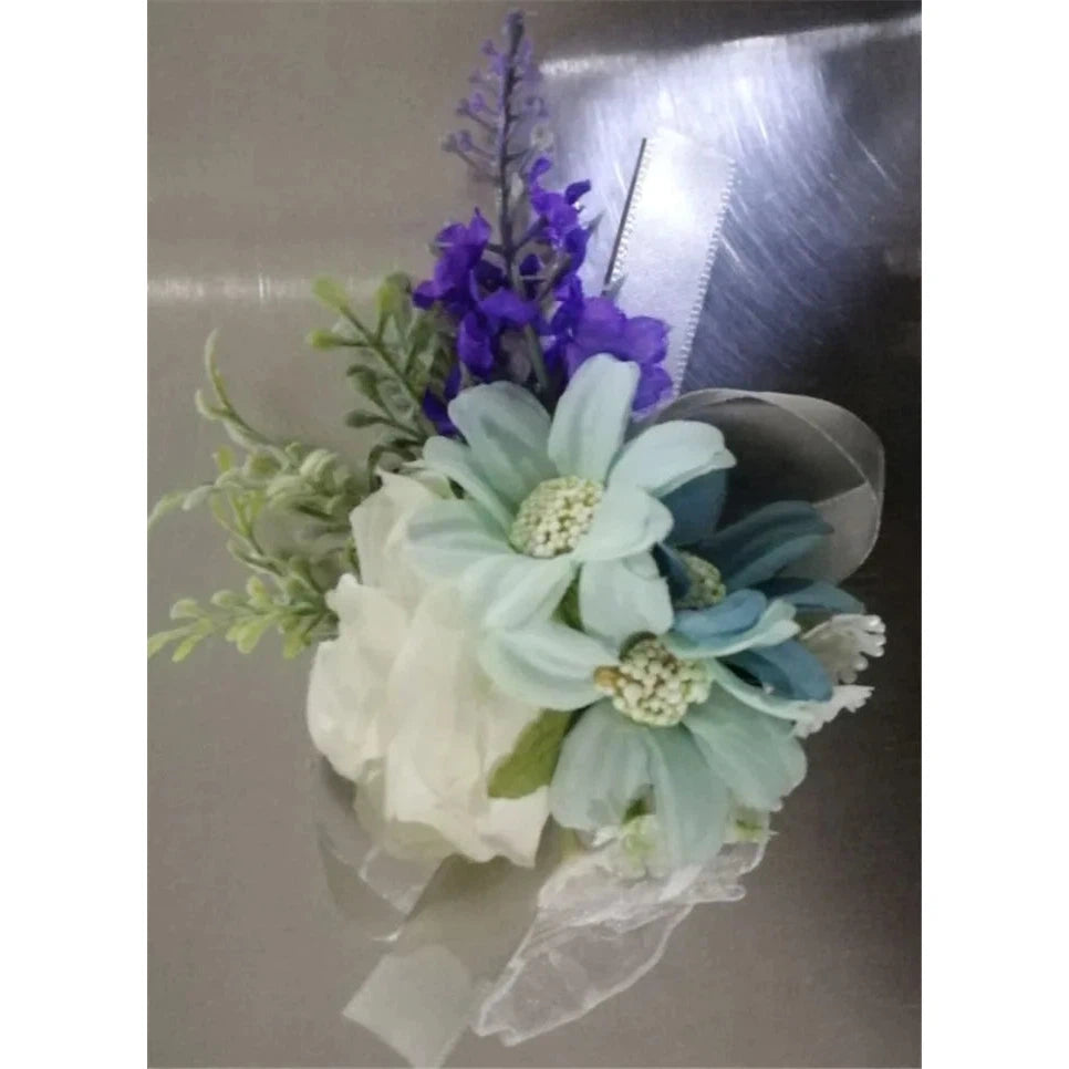 Boutonnieres Men Ribbon White Roses Blue Orchid & Corsages  