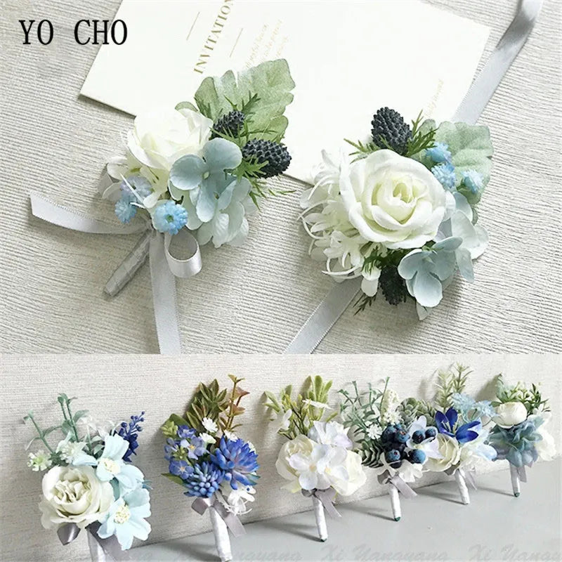 Boutonnieres Men Ribbon White Roses Blue Orchid &amp; Corsages  