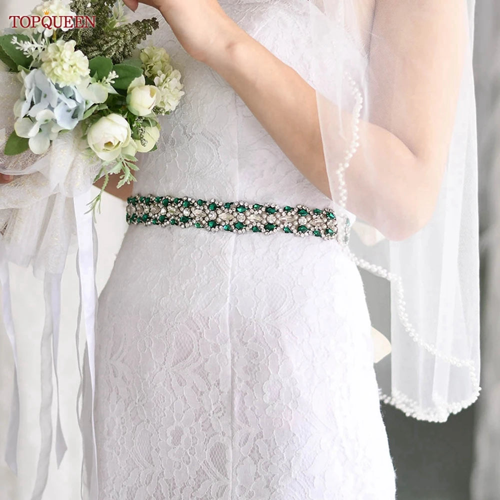 Bridal Dress Belts Emerald Green Rhinestone Sash Ribbon  