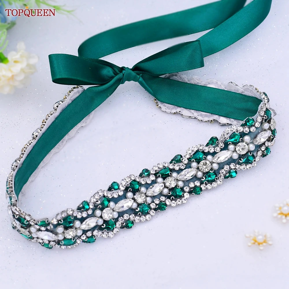 Bridal Dress Belts Emerald Green Rhinestone Sash Ribbon  