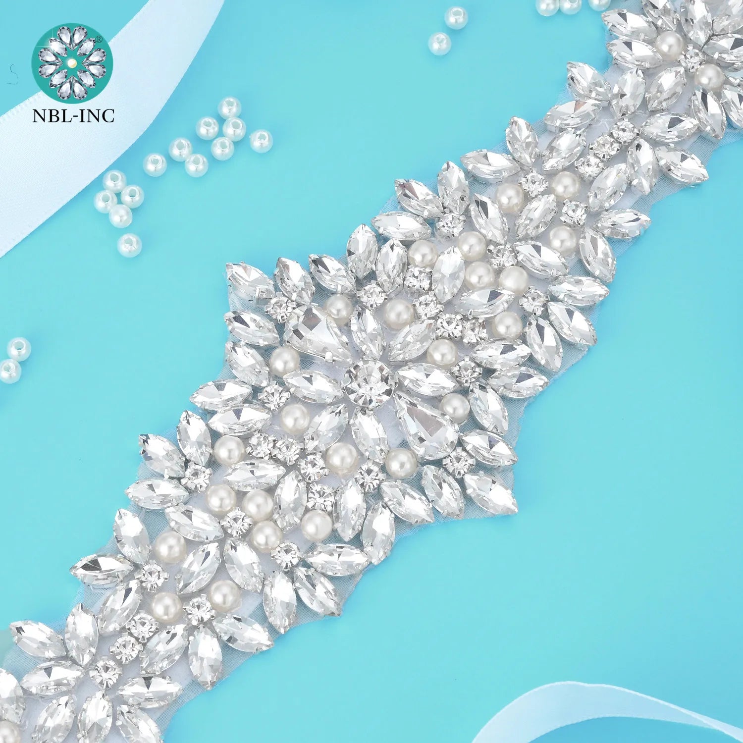 Bridal Silver crystal rhinestone pearl applique belt wedding sash accessories  