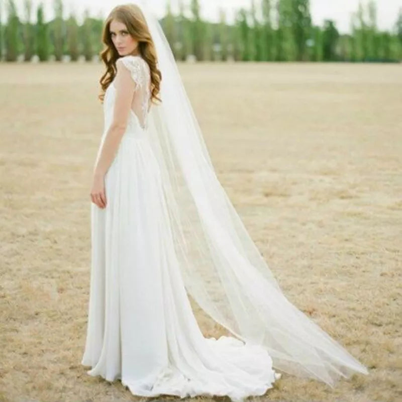 Cut Edge White Long Bridal Veils One Layer with Comb Vintage Bridal  