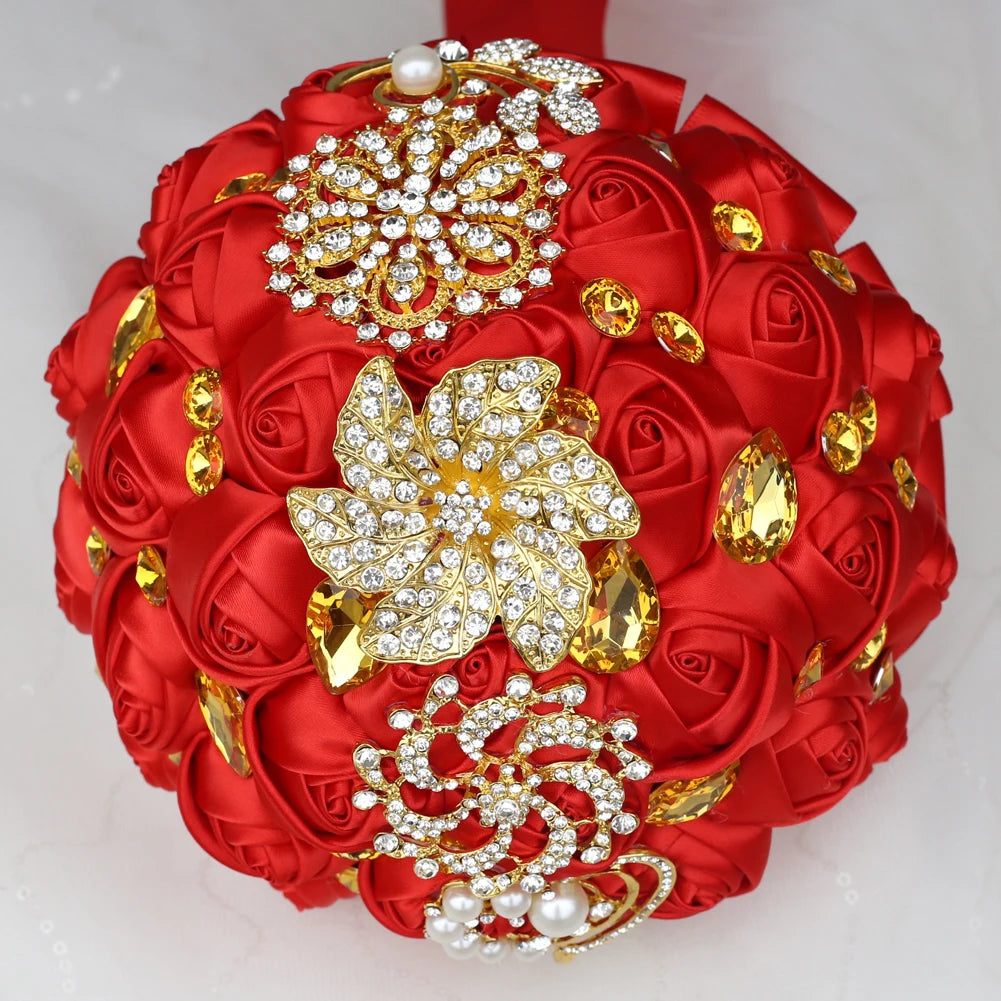 Gold Brooch Diamond Bridal Wedding Bouquets Bridal Crystal Silk Flowers Bridal Bouquets de noiva Factory Custom W227Q  