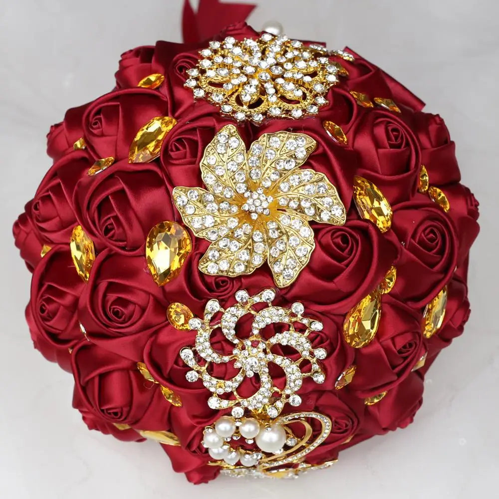 Gold Brooch Diamond Bridal Wedding Bouquets Bridal Crystal Silk Flowers Bridal Bouquets de noiva Factory Custom W227Q  